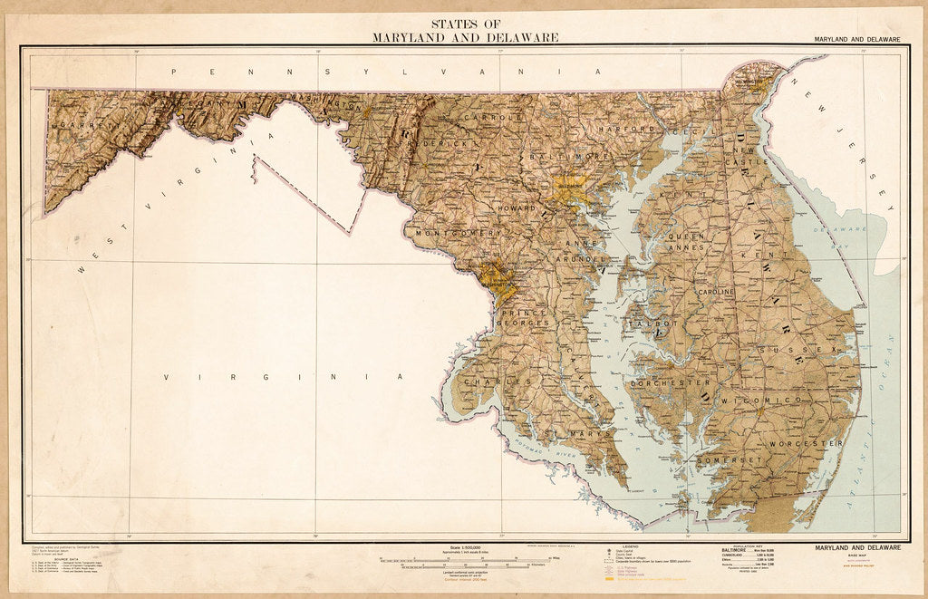 Map of States of Maryland and Delaware  base map with highways and shaded relief Framed Push Pin Map
