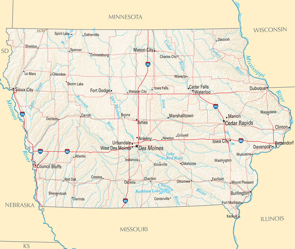 Map of Iowa IA - Reference Map Framed Push Pin Map
