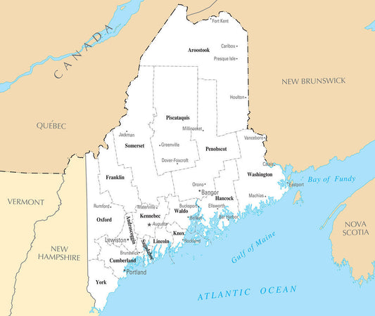 Map of Maine ME - County Map with selected Cities and Towns Framed Push Pin Map