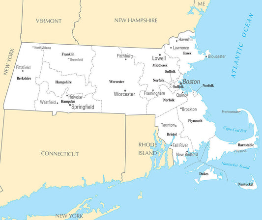 Map of Massachusetts MA - County Map with selected Cities and Towns Framed Push Pin Map