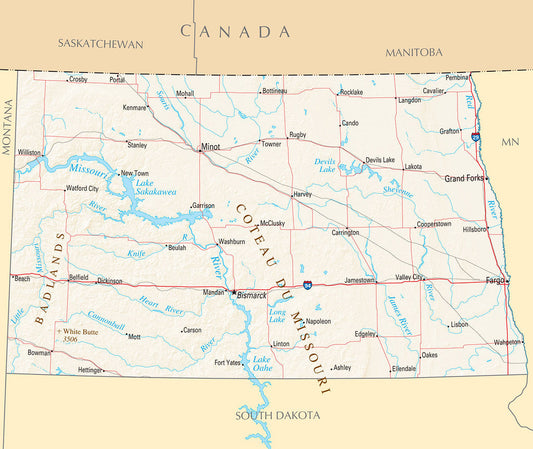 Map of North Dakota ND - Reference Map Framed Push Pin Map