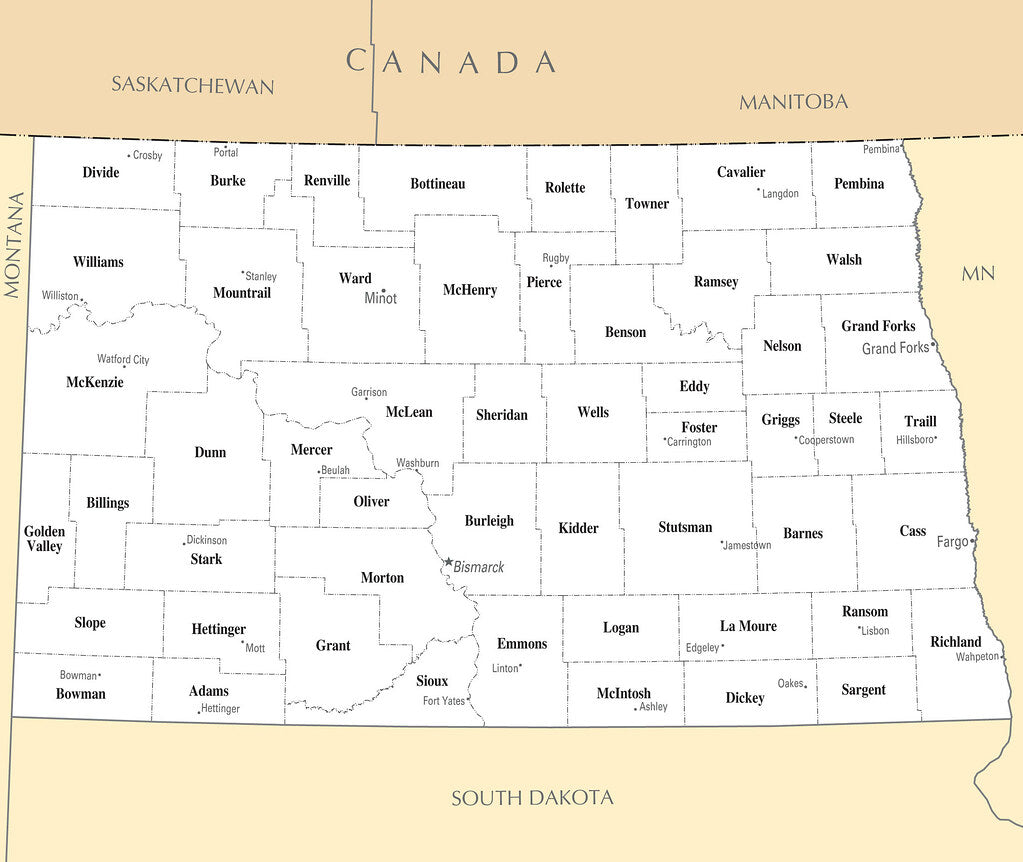 Map of North Dakota ND - County Map with selected Cities and Towns Framed Push Pin Map