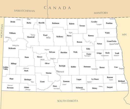 Map of North Dakota ND - County Map with selected Cities and Towns Framed Push Pin Map