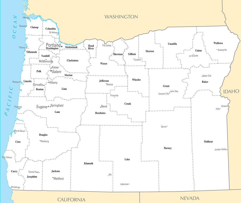 Map of Oregon OR - County Map with selected Cities and Towns Framed Push Pin Map