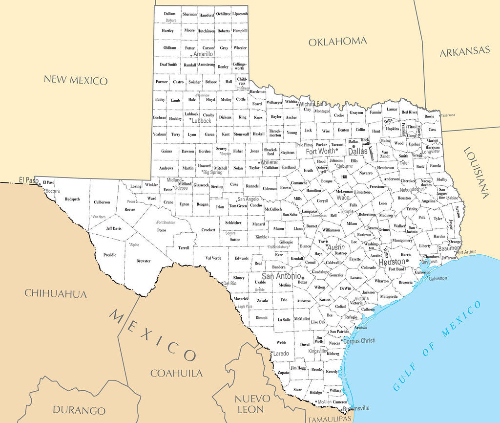 Map of Texas TX - County Map with selected Cities and Towns Framed Push Pin Map