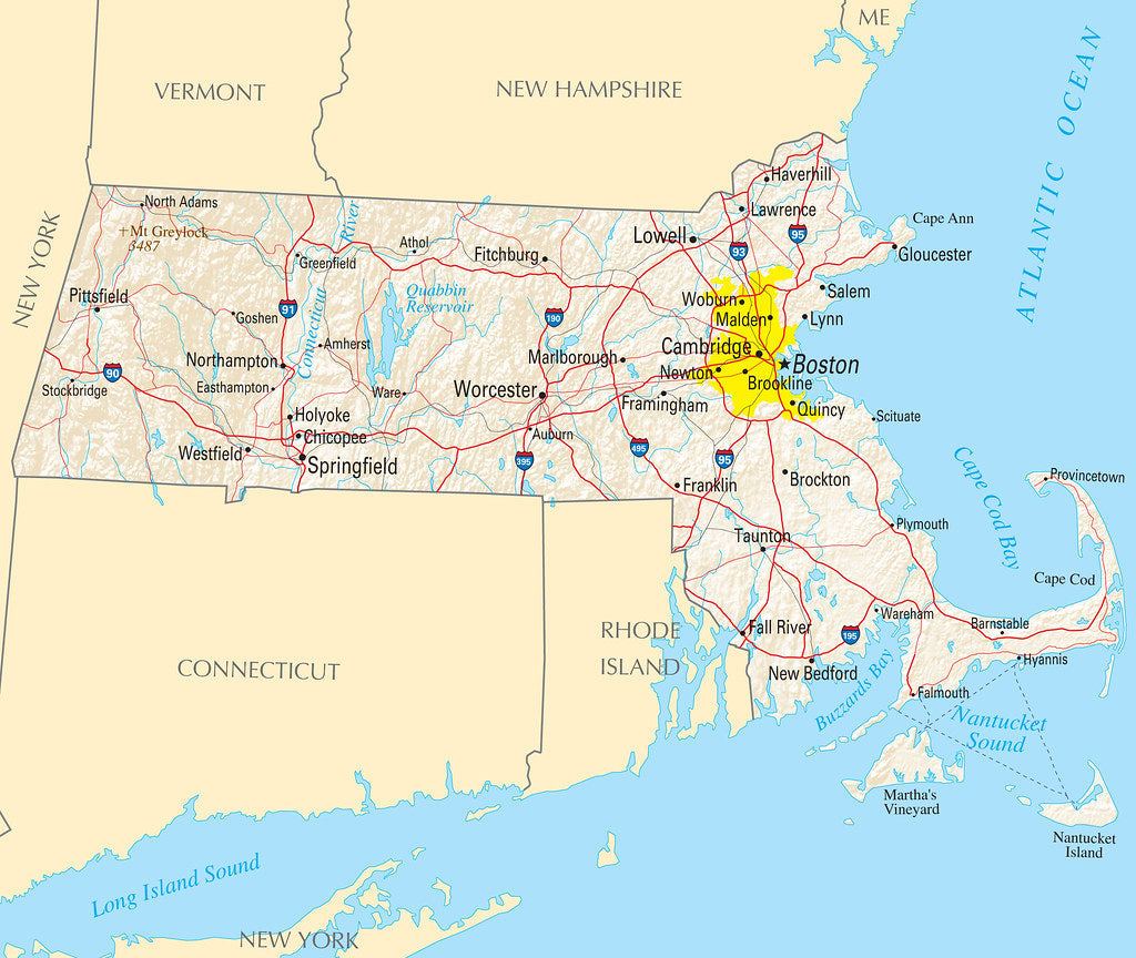 Map of Massachusetts MA - Reference Map Framed Push Pin Map