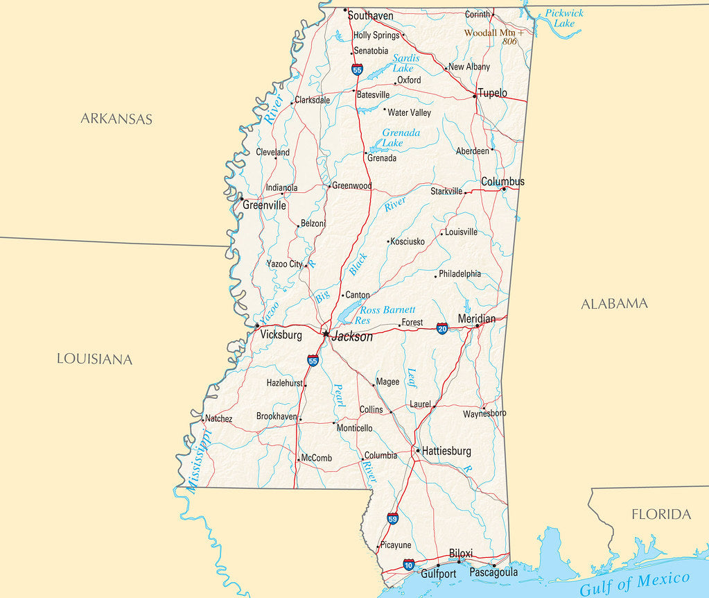 Map of Mississippi MS - Reference Map Framed Push Pin Map