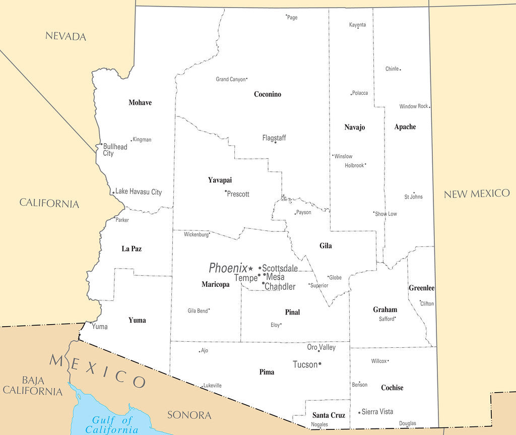Map of Arizona AZ - County Map with selected Cities and Towns Framed Push Pin Map