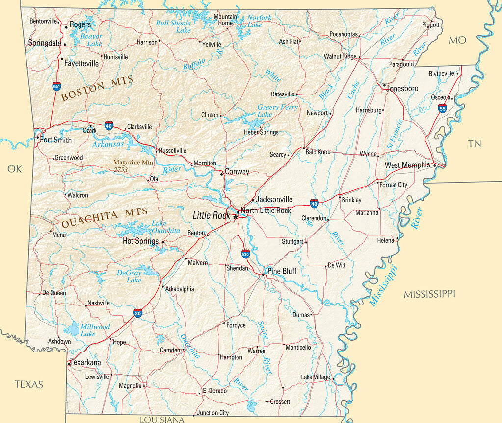 Map of Arkansas AR - Reference Map Framed Push Pin Map