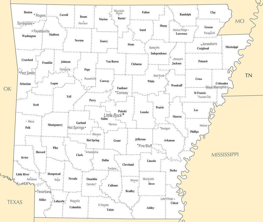 Map of Arkansas AR - County Map with selected Cities and Towns Framed Push Pin Map