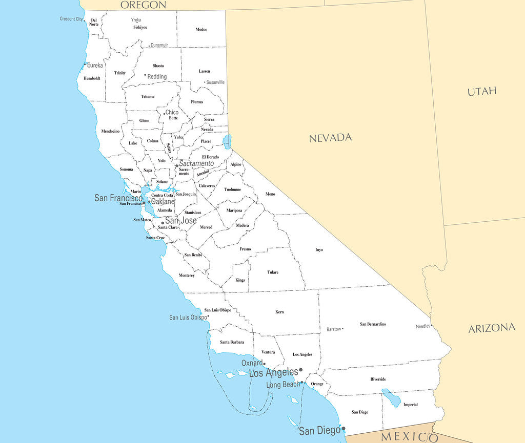 Map of California CA - County Map with selected Cities and Towns Framed Push Pin Map