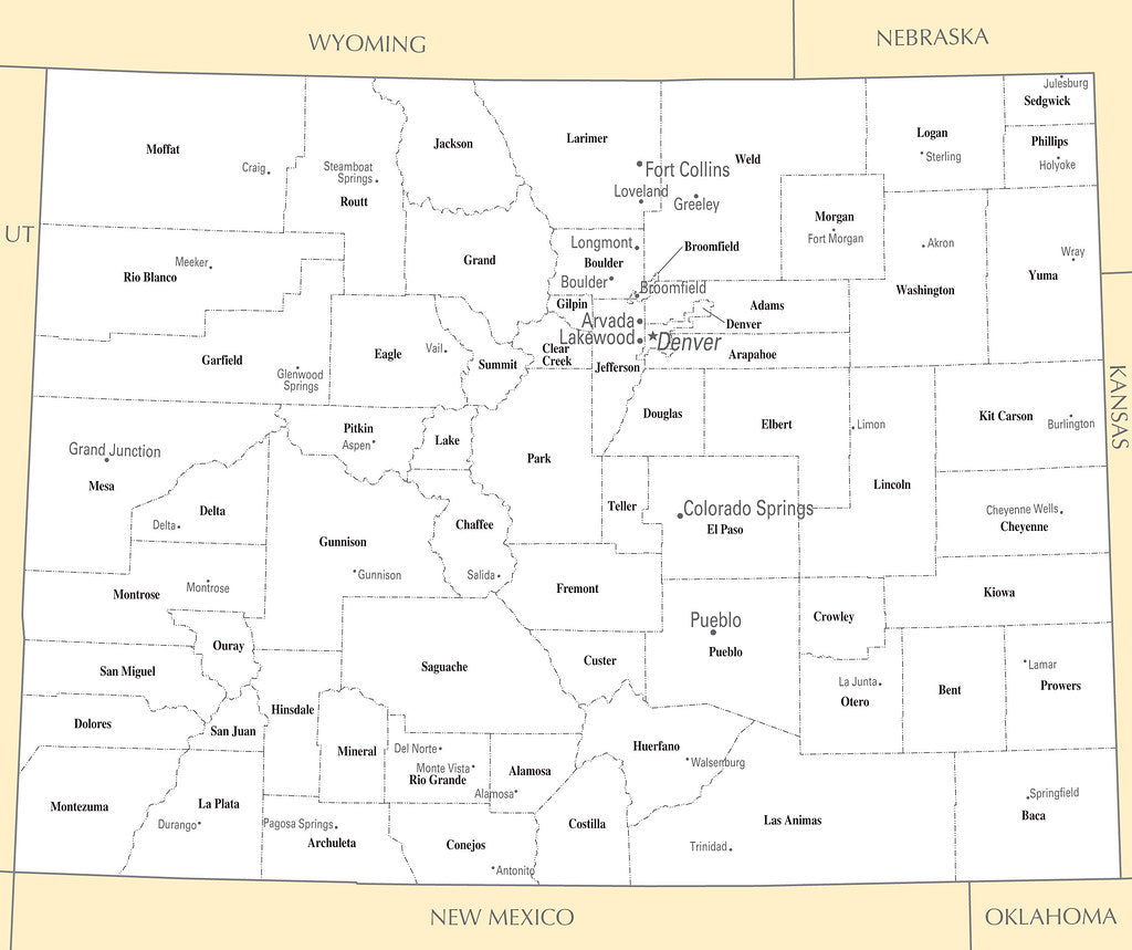 Map of Colorado CO - County Map with selected Cities and Towns Framed Push Pin Map