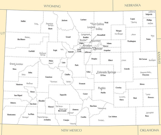 Map of Colorado CO - County Map with selected Cities and Towns Framed Push Pin Map