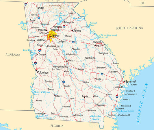 Map of Georgia GA - Reference Map Framed Push Pin Map