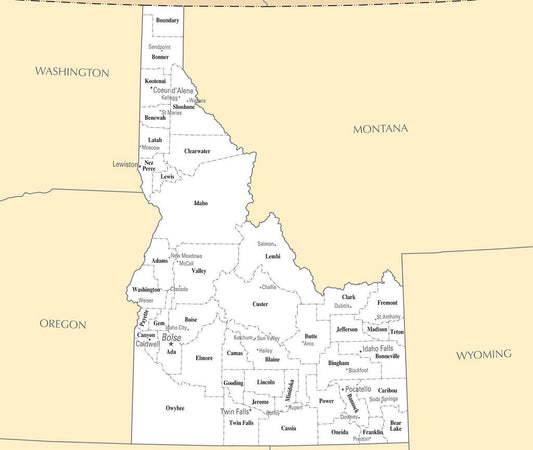 Map of Idaho ID - County Map with selected Cities and Towns Framed Push Pin Map