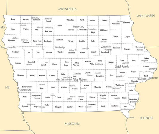 Map of Iowa IA - County Map with selected Cities and Towns Framed Push Pin Map