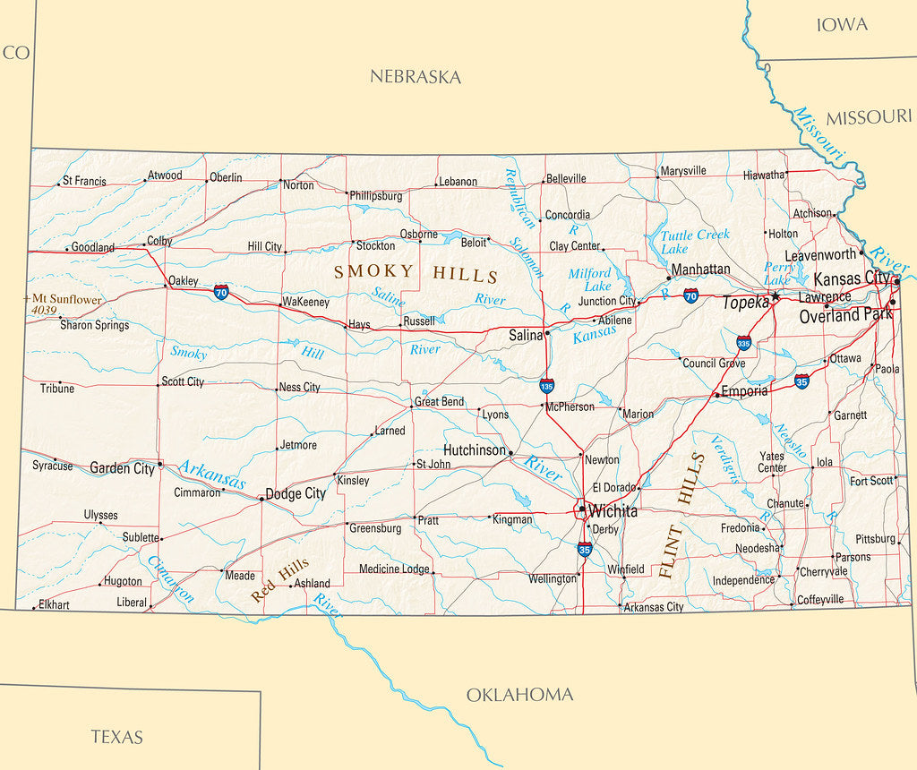 Map of Kansas KS - Reference Map Framed Push Pin Map