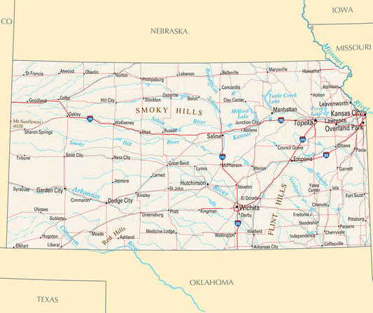 Map of Kansas KS - Reference Map Framed Push Pin Map
