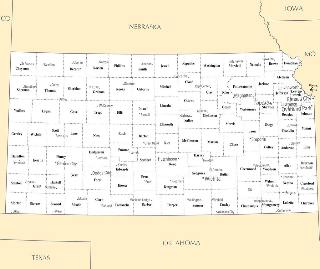Map of Kansas KS - County Map with selected Cities and Towns Framed Push Pin Map