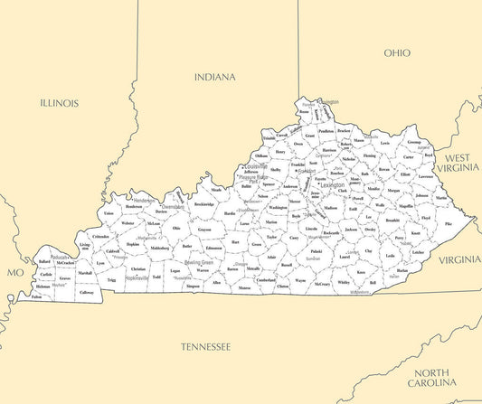 Map of Kentucky KY - County Map with selected Cities and Towns Framed Push Pin Map