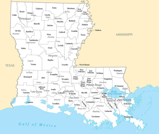 Map of Louisiana LA - County Map with selected Cities and Towns Framed Push Pin Map