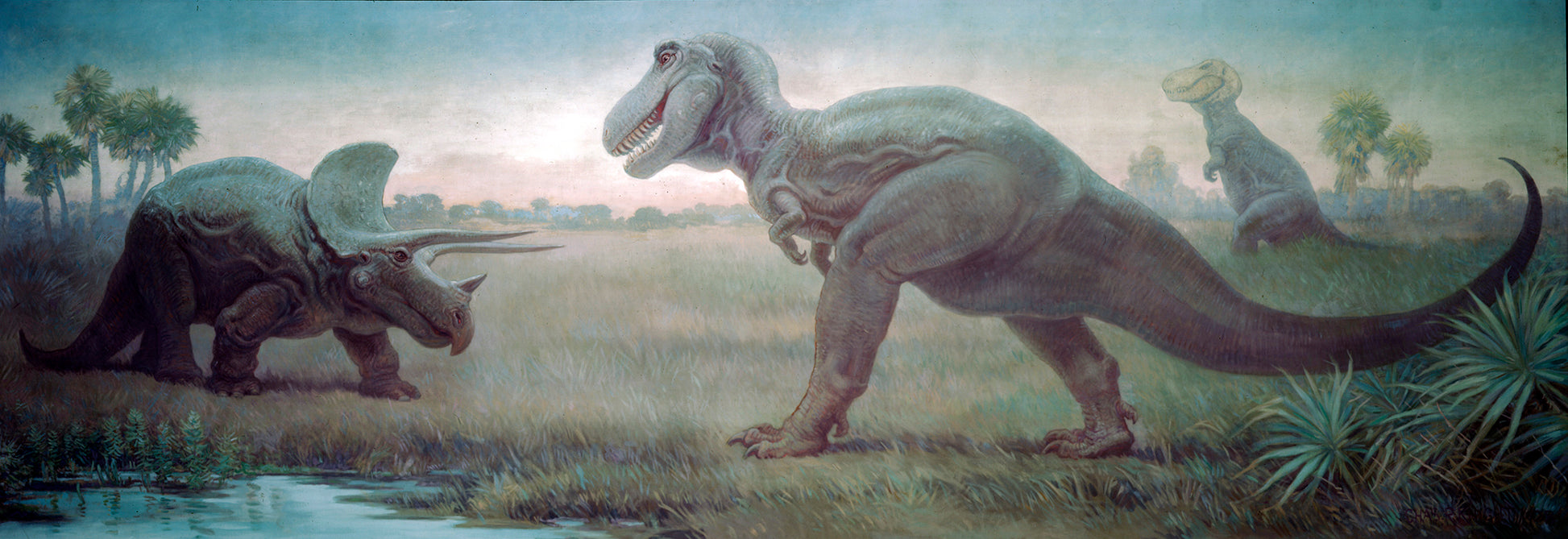 Charles R. Knight Triceratops Confronting a Tyrannosaurus - Hand Painted Oil Painting