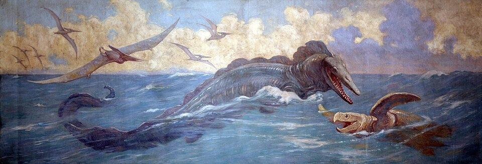 Charles R. Knight Tylosaurus, Protostega, and Pteranodon from Late Cretaceous seas - Hand Painted Oil Painting