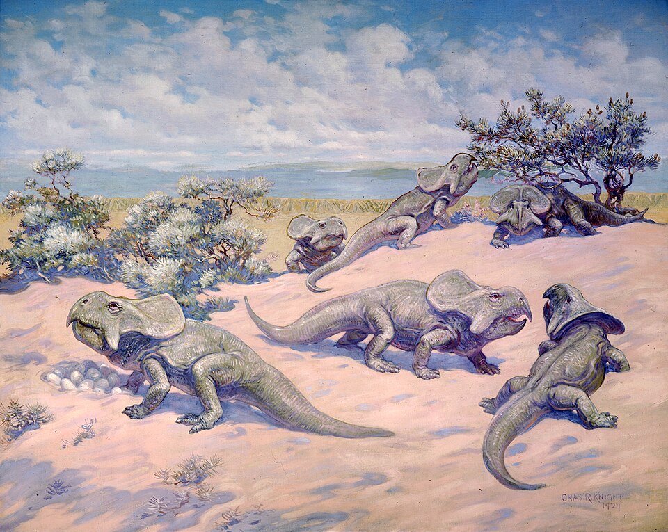 Charles R. Knight Nesting Protoceratops from Late Cretaceous - Hand Painted Oil Painting