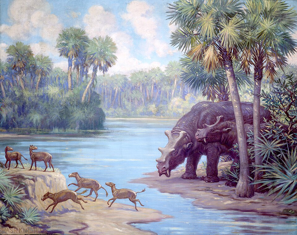 Charles R. Knight Uintatherium and Orohippus from Eocene - Hand Painted Oil Painting