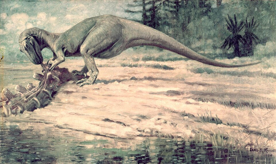 Charles R. Knight Allosaurus Eating - Hand Painted Oil Painting