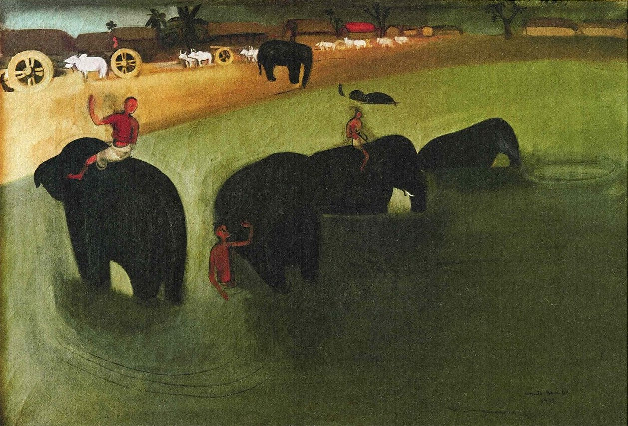 Amrita Sher-Gil Elephants Bathing in a Green Pool - Hand Painted Oil Painting