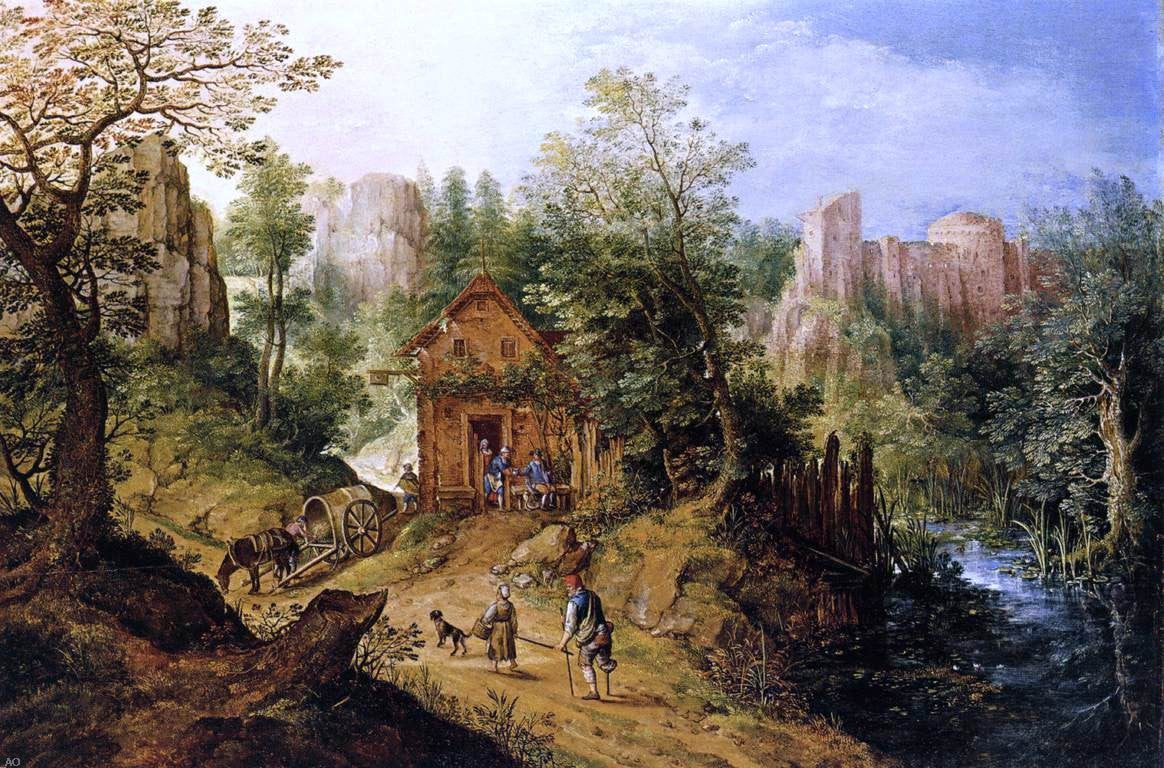  Pieter Stevens Mountain Valley with Inn and Castle - Hand Painted Oil Painting