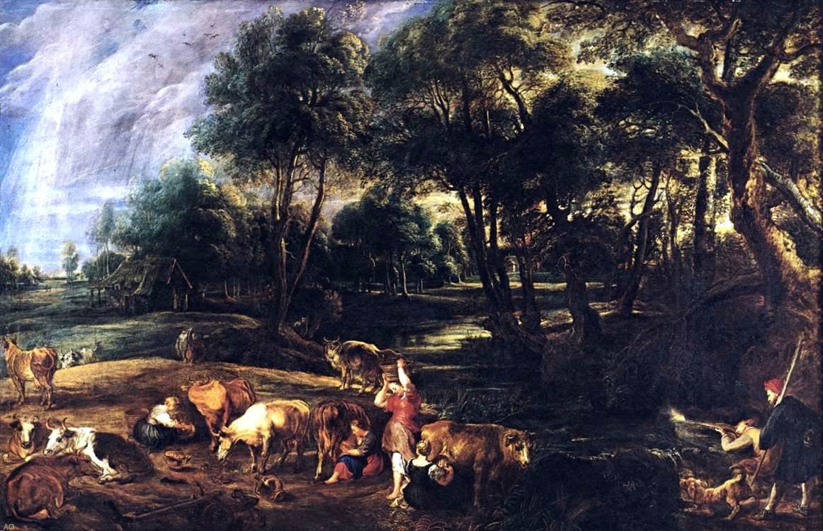  Peter Paul Rubens Landscape with Cows and Wildfowlers - Hand Painted Oil Painting