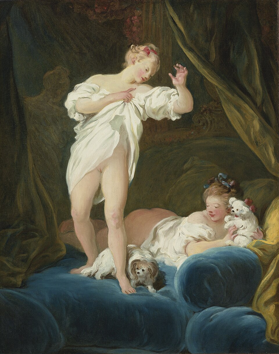 Jean-Honore Fragonard Two Girls on a Bed Playing with their Dogs - Hand Painted Oil Painting