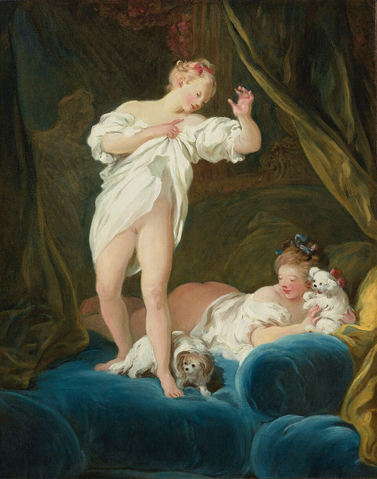Jean-Honore Fragonard Two Girls on a Bed Playing with their Dogs - Hand Painted Oil Painting
