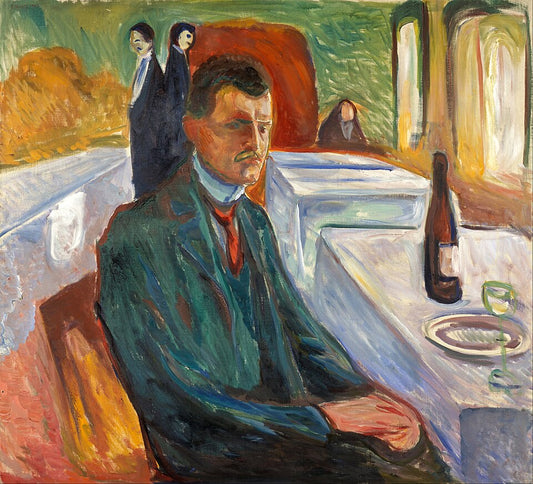 Edvard Munch Self-Portrait with a Bottle of Wine - Hand Painted Oil Painting