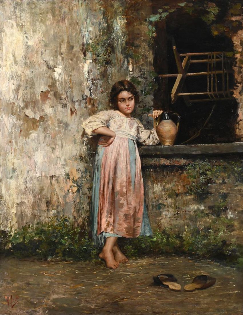 Vincenzo Irolli Young Girl at the Fountain - Hand Painted Oil Painting