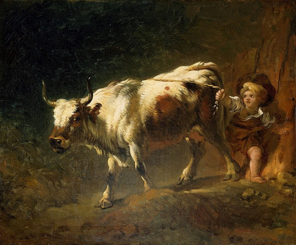 Jean-Honore Fragonard Boy Attempting to Restrain a Cow by a Rope - Hand Painted Oil Painting