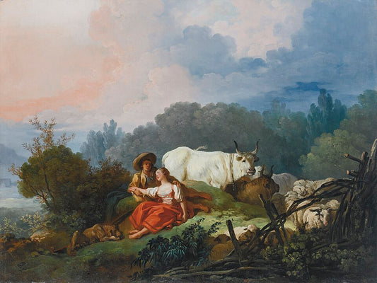 Jean-Honore Fragonard Pastoral Landscape with a Shepherd and Shepherdess at Rest - Hand Painted Oil Painting