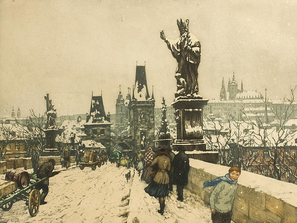 Tavik Frantisek Simon The Prague Castle from Charles Bridge in Winter - Hand Painted Oil Painting