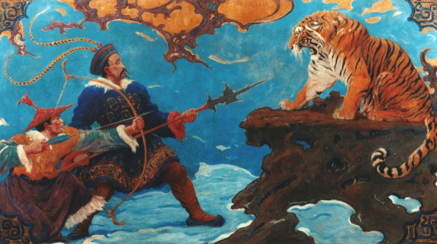 Charles R. Knight Tiger Holding Hunters at Bay - Hand Painted Oil Painting