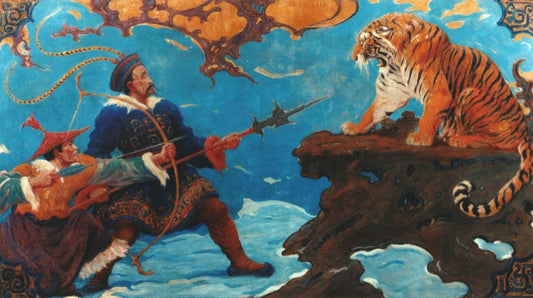 Charles R. Knight Tiger Holding Hunters at Bay - Hand Painted Oil Painting