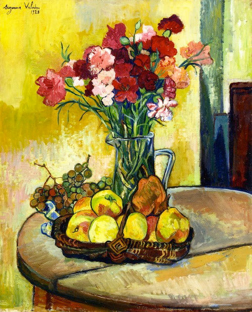 Suzanne Valadon Still Life with Basket of Apples Vase of Flowers - Hand Painted Oil Painting