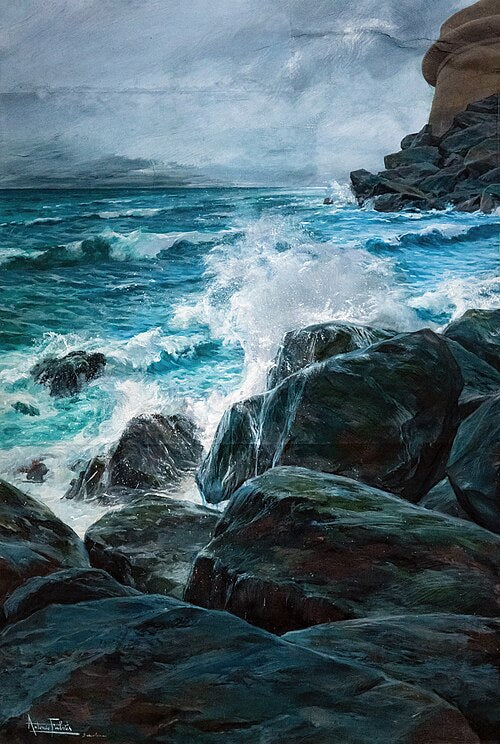 Antoni Maria Fabres Y Costa Breakwater in the Port of Barcelona - Hand Painted Oil Painting