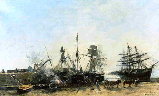  Eugene-Louis Boudin Portrieux, the Port at Low Tide, Unloading Fish - Hand Painted Oil Painting