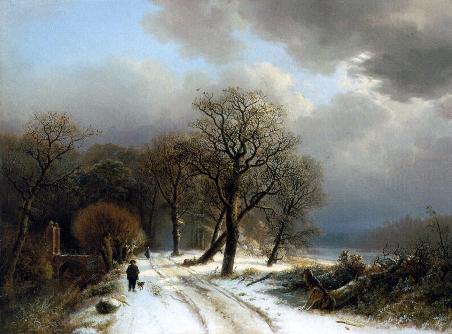  Barend Cornelis Koekkoek Figure Walking His Dog on a Path in a Winter Landscape - Hand Painted Oil Painting