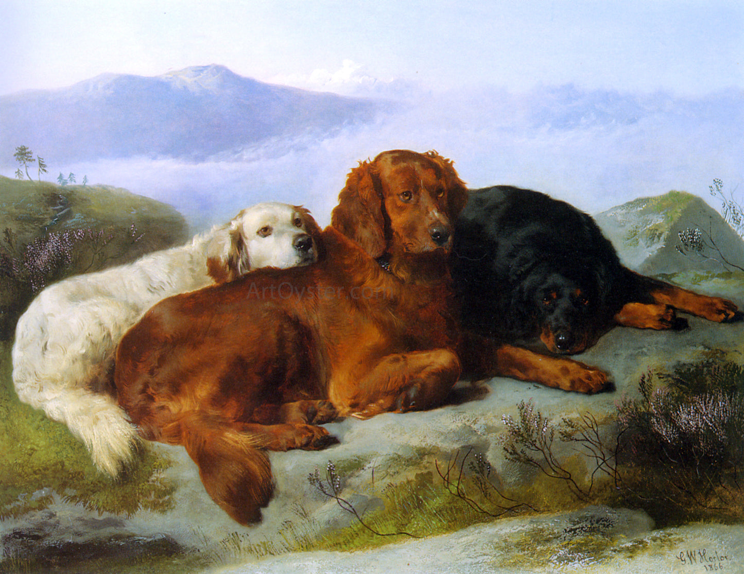  George W Horlor A Golden Retriever, Irish Setter, and a Gordon Setter in a Mountainous Landscape - Hand Painted Oil Painting