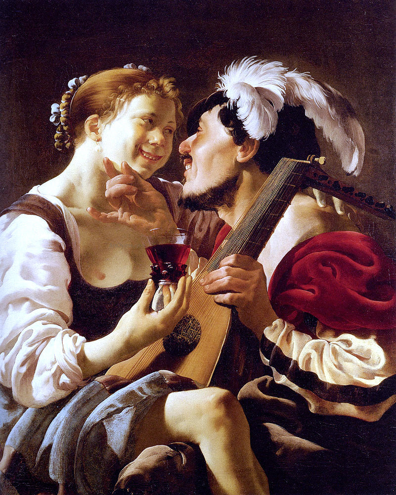  Hendrick Terbrugghen A Luteplayer Carousing With A Young Woman Holding A Roemer - Hand Painted Oil Painting