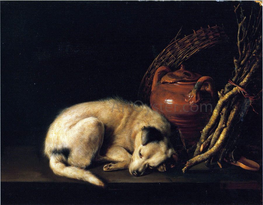  Gerrit Dou A Sleeping Dog Beside a Terracotta Jug, a Basket, and a Pile of Kindling Wood - Hand Painted Oil Painting