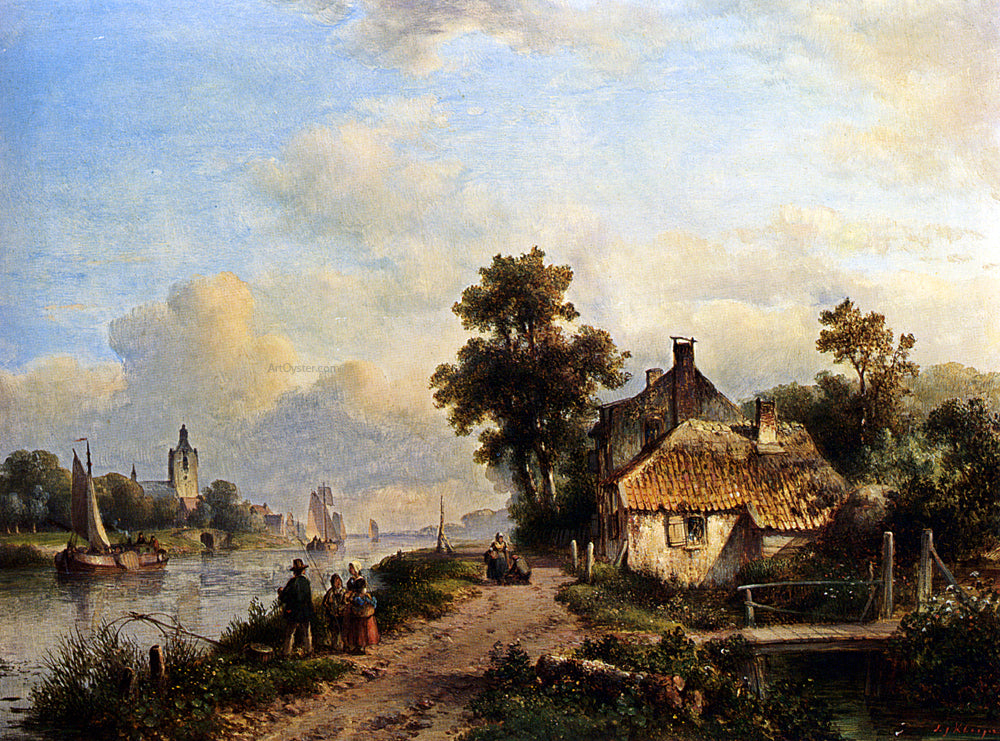  Lodewijk Johannes Kleijn A Summer Landscape With Figures Along A Waterway - Hand Painted Oil Painting